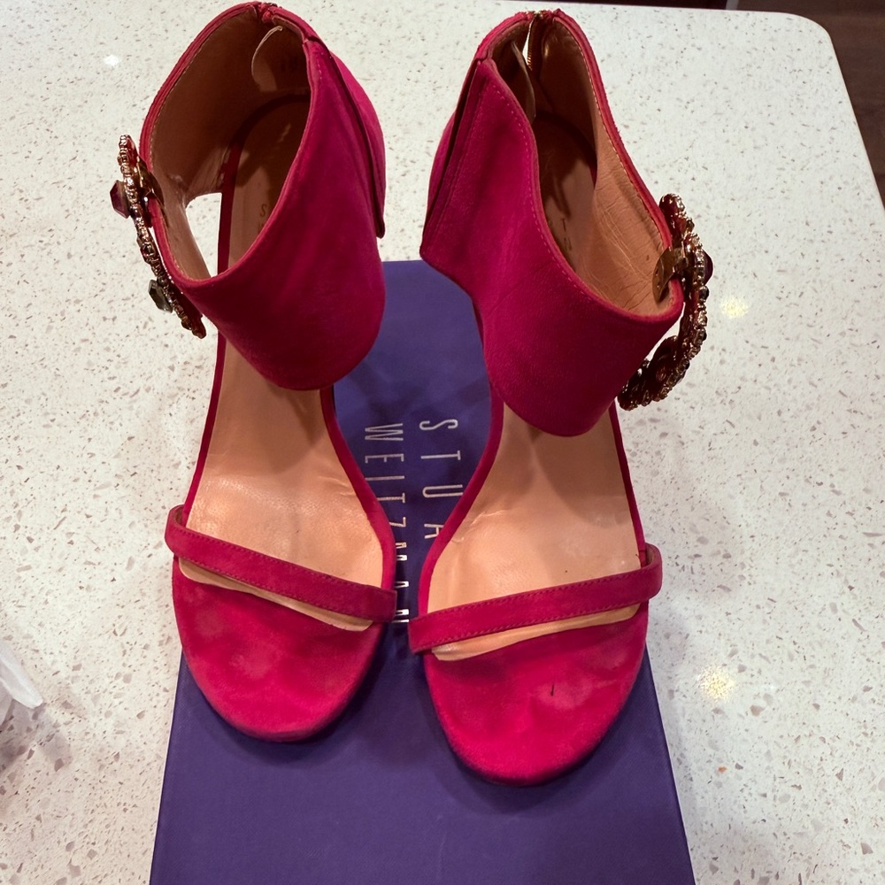 💗💖Stuart Weitzman Fuchsia Suede Ankle-Cuff Heels | Size 6.5 | Removable Clip